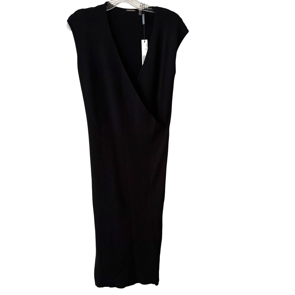 NWT Elie Tahari Black Ribbed Stretch Knit Faux Sleeveless Wrap Midi Dress Size L